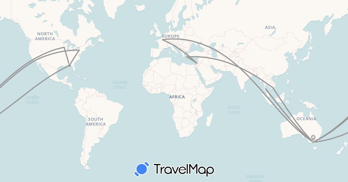 TravelMap itinerary: driving, plane in Australia, France, Greece, Israel, Thailand, United States, Vietnam (Asia, Europe, North America, Oceania)